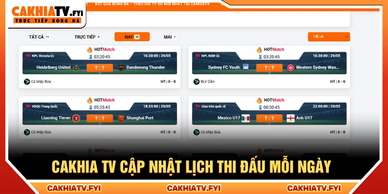 CakhiaTV cập nhật lịch thi đấu hằng ngày trên website