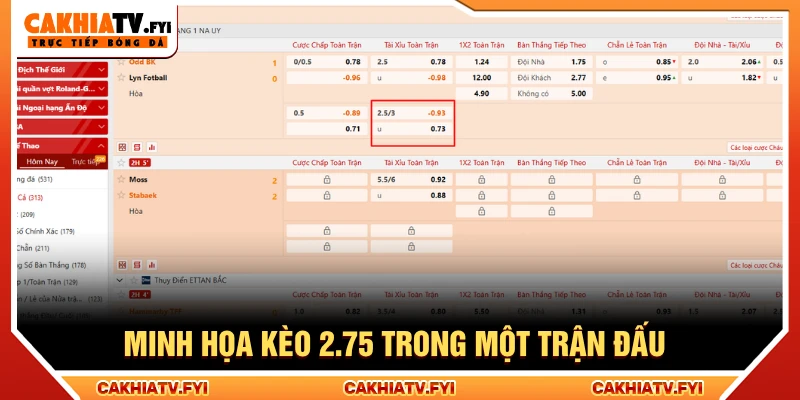 Minh họa kèo 2.75 trái trong một trận đấu