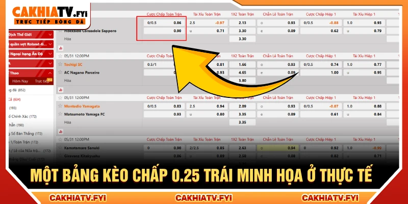 Một bảng kèo chấp 0.25 trái minh họa ở thực tế