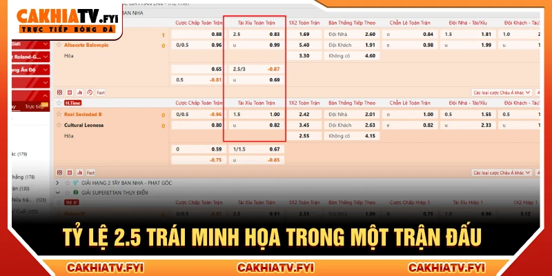 Tỷ lệ 2.5 trái minh họa trong một trận đấu cụ thể