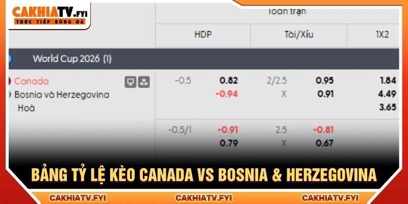 Bảng tỷ lệ kèo Canada vs Bosnia & Herzegovina Bảng tỷ lệ kèo Canada vs Bosnia & Herzegovina