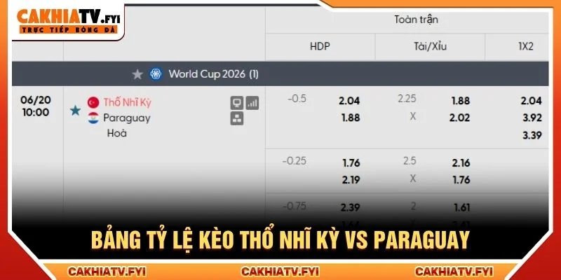 Bảng tỷ lệ kèo Thổ Nhĩ Kỳ vs Paraguay Bảng tỷ lệ kèo Thổ Nhĩ Kỳ vs Paraguay