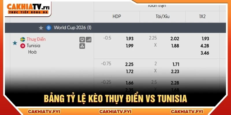 Bảng tỷ lệ kèo Thụy Điển vs Tunisia
